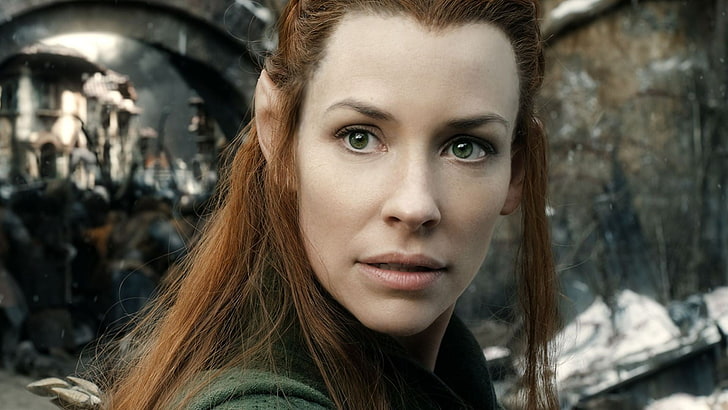 The Hobbit, Tauriel, face, redhead, movies, women, Evangeline Lilly, green eyes, The Hobbit: The Battle of the Five Armies, HD wallpaper