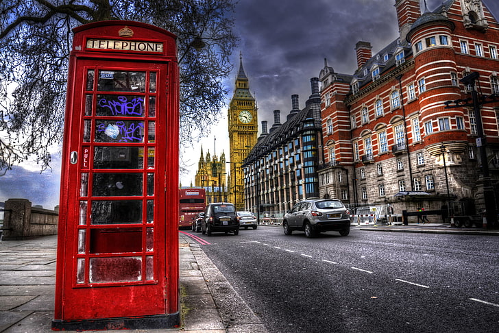 червена телефонна кабина, улица, Англия, Лондон, Биг Бен, улична фотография, HD тапет