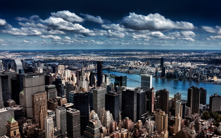 високи сгради, небостъргач, град, Ню Йорк, HDR, облаци, HD тапет