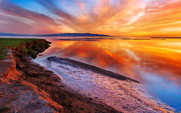 Naturaleza colorida, mar, colinas, puesta de sol, agua, cielo, Fondo de pantalla HD