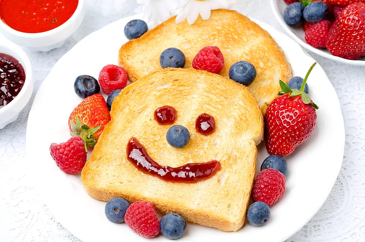 berries, raspberry, strawberry, bread, smiley, blueberries, toast, HD wallpaper