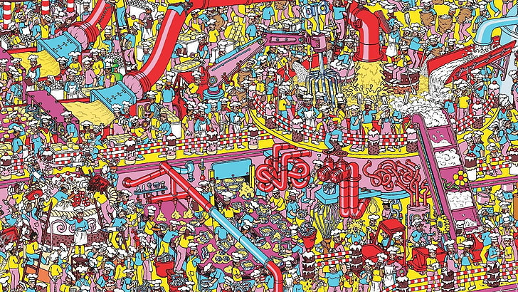 kolorowa fabryczna tapeta cyfrowa, Waldo, puzzle, szczegółowe, Gdzie jest Wally, Tapety HD