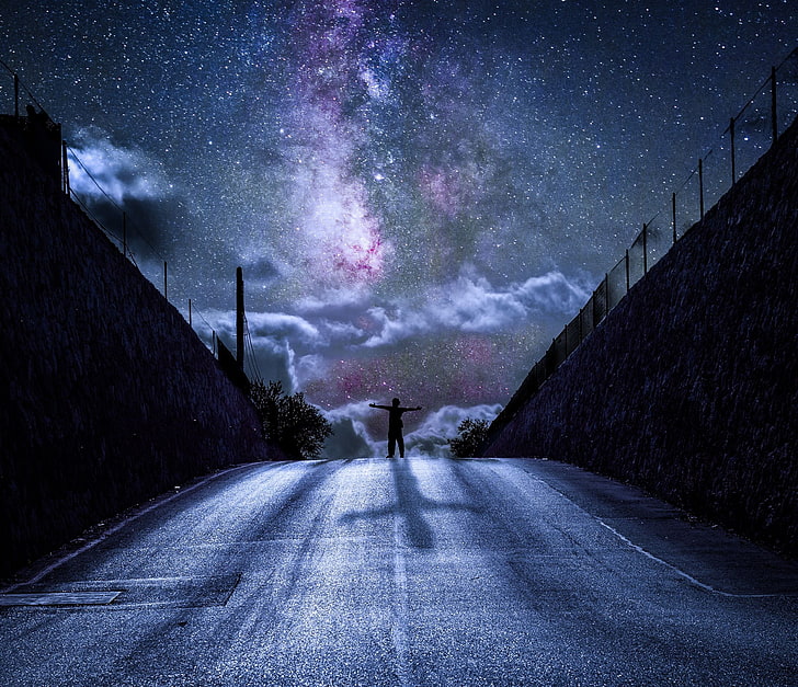 nebula, road, silhouette, night, HD wallpaper