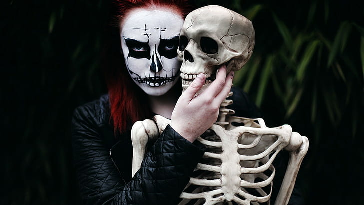 model, dark, death, women, leaves, black clothing, skeleton, face paint, skull, redhead, creepy, women outdoors, HD wallpaper