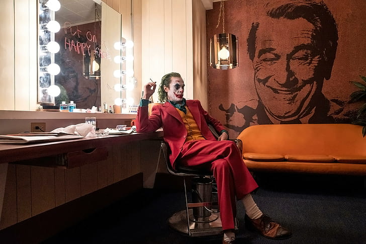 Joker, Robert DeNiro, wajah bahagia, Joaquin Phoenix, sofa, rias wajah, cermin, film, Wallpaper HD