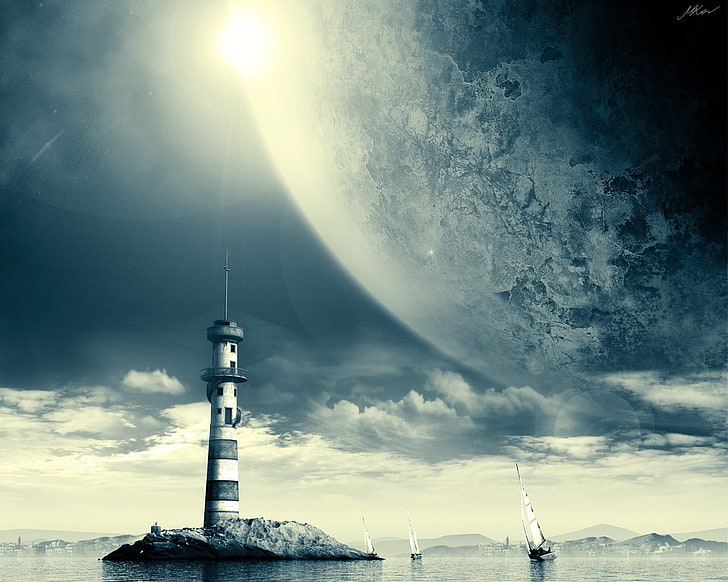 черно-белая лодка на белой лодке, маяк, цифровое искусство, парусник, планета, HD обои