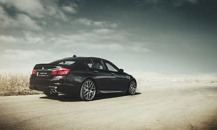 black sedan, BMW, black, f10, road. clouds, HD wallpaper