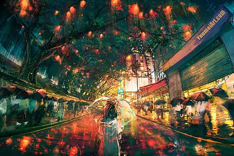 Yuumei, notte, pioggia, Sfondo HD HD wallpaper