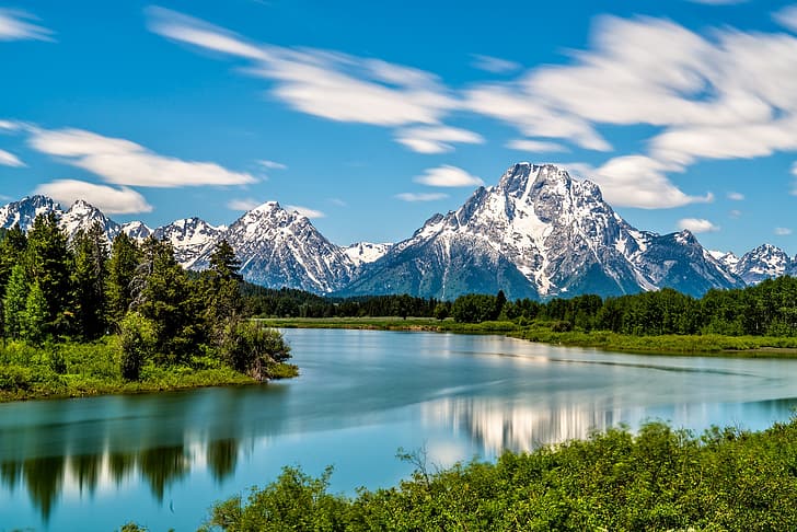 forest, mountains, river, Wyoming, Grand Teton National Park, The Snake River, Snake River, Rocky Mountains, Oxbow Bend, National Park Grand Teton, HD wallpaper