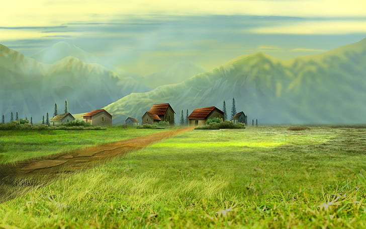 꿈의 마을, 3 개의 갈색 집, 마을, 꿈, HD 배경 화면