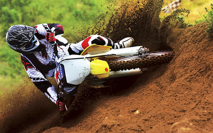Suzuki Motocross Bike Race, moto de motocross blanca y amarilla, motocross, bicicleta, suzuki, carrera, Fondo de pantalla HD