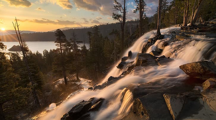paisagem, pôr do sol, natureza, lago, pedras, cachoeira, fluxo, CA, EUA, floresta, Tahoe, Eagle Falls, Sergei Lukanin, HD papel de parede