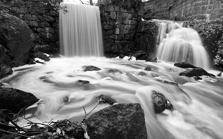 Waterfall Timelapse Stream Rocks Stones BW HD, nature, bw, rocks, stones, timelapse, waterfall, stream, HD wallpaper
