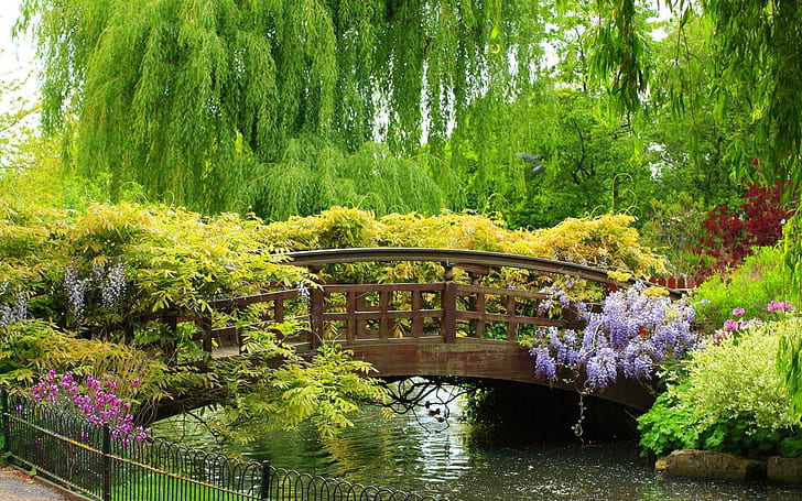 Spring Bridge, time, spring, blooms, green, 3d and abstract, HD wallpaper
