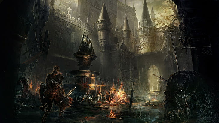 castle, fighting, midevil, Dark Souls, dark, sword, landscape, knight, Dark Souls III, fire, Gothic, video games, HD wallpaper