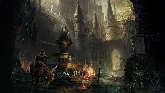 тапет за приложения за игри, Dark Souls III, Dark Souls, готика, midevil, тъмно, видео игри, рицар, огън, бой, меч, пейзаж, замък, HD тапет HD wallpaper
