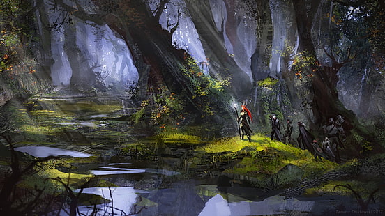 воин, маг, лучник, эльфы, лес, фантастический мир, фэнтези, HD обои HD wallpaper