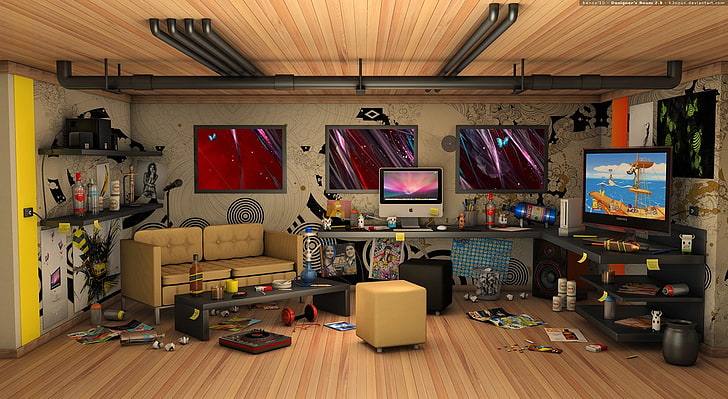 Pokój projektanta 3D, telewizor z płaskim ekranem, artystyczny, 3D, projektant, pokój, Tapety HD