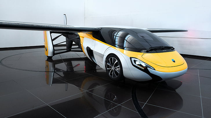 white, yellow, and gray plane, AeroMobil 3.0, concept, aircraft, flying car, runway, front, test drive, HD wallpaper