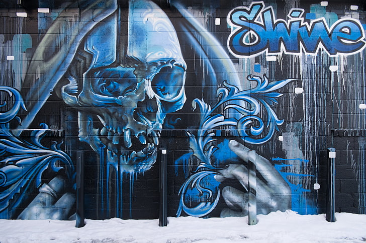 arte de grafite de caveira cinza e azul, caveira, grafite, arte de rua, parede, HD papel de parede