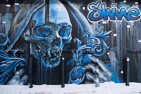 сиво и синьо черепно графити изкуство, череп, графити, улично изкуство, стена, HD тапет HD wallpaper