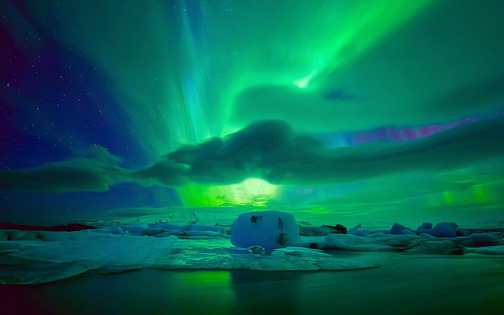 Luci nordiche del cielo notturno e ghiaccio Fl, illustrazione dell'aurora, natura, verde, lago, neve, luci, paesaggio, Sfondo HD