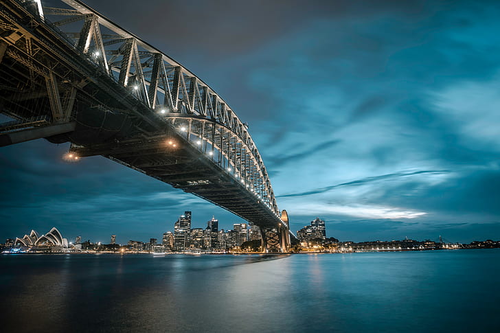 Sydney Harbour, Sydney, city lights, water, clouds, city, bridge, Sydney Harbour Bridge, HD wallpaper