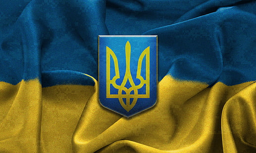 青と黄色のバッジ、黄色、青、旗、紋章付き外衣、ウクライナ、トライデント、 HDデスクトップの壁紙 HD wallpaper