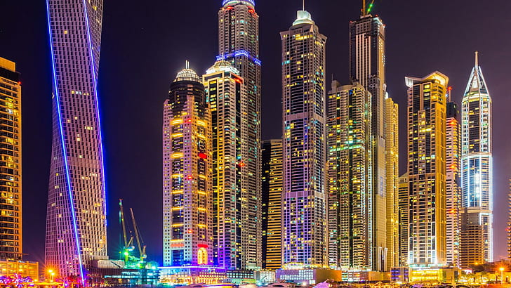 Dubai, kota, gedung pencakar langit, bangunan, malam, lampu, warna-warni, brilian, pemandangan kota, bangunan kota terang, dubai, kota, gedung pencakar langit, bangunan, malam, lampu, warna-warni, cemerlang, pemandangan kota, Wallpaper HD