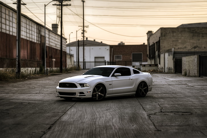 white Ford Mustang GT coupe, ford, mustang, gt, side view, HD wallpaper