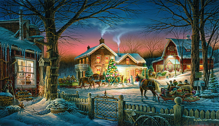 Weihnachtsdorfmalerei, Winter, der Himmel, Schnee, Bäume, Feiertag, Pferd, Rauch, der Zaun, Baum, Haus, Pferdeschlitten, Terry Redlin, HD-Hintergrundbild