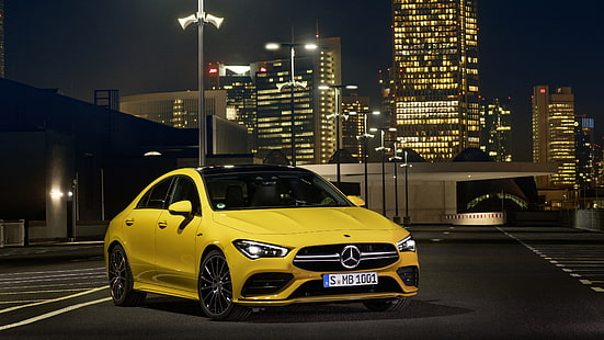 Mercedes-Benz, Mercedes-AMG CLA 35, bil, lyxbil, sedan, subcompact bil, gul bil, HD tapet HD wallpaper