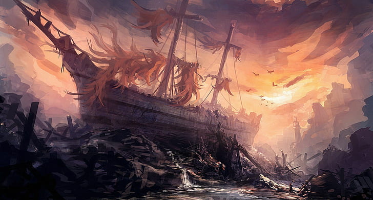 Корабль, Руины, Фэнтези Арт, крушение корабля иллюстрации, Корабль, Руины, Фэнтези Арт, HD обои