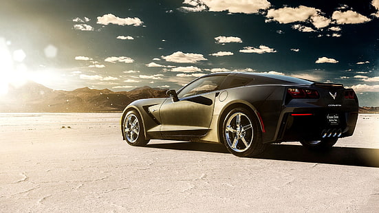 Chevrolet Corvette Coupe gris, Chevrolet Corvette Stingray, coche, vehículo, desierto, nubes, Fondo de pantalla HD HD wallpaper