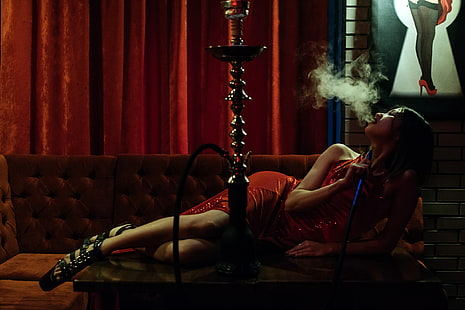 Gene Oryx, fumar, mulheres, modelo, escuro, cachimbo de água, vermelho, HD papel de parede HD wallpaper