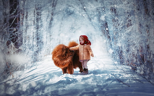 Fotografi, barn, Chow Chow, söt, hund, liten flicka, väg, snö, vinter, HD tapet HD wallpaper