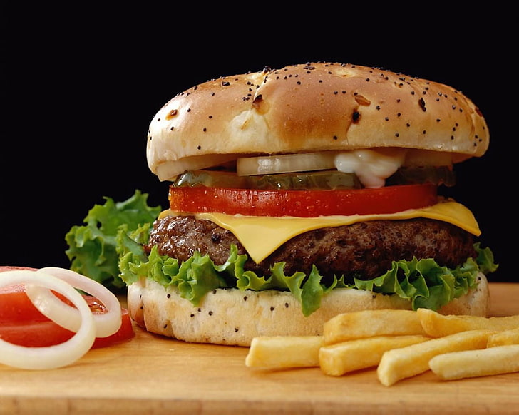 burger with tomato, onion, and cheese, hamburger, fast food, french fries, onions, HD wallpaper
