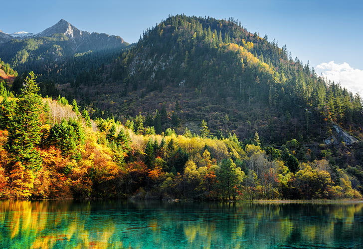 autumn, forest, trees, mountains, lake, China, Sunny, colorful, reserve, Jiuzhaigou, HD wallpaper