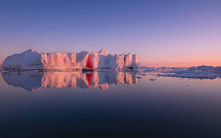 sea, reflection, boat, yacht, iceberg, scarlet sails, Greenland, Disko Bay, HD wallpaper