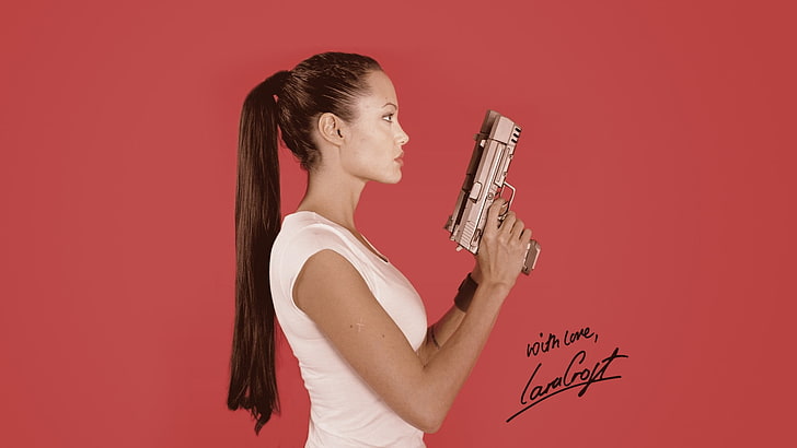 Angelina Jolie, aktris, selebriti, Lara Croft, pistol, wanita, pistol, rambut panjang, gadis dengan senjata, Wallpaper HD