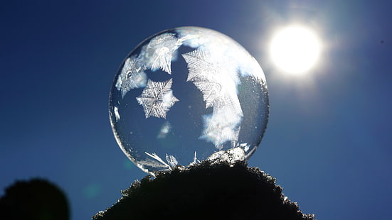 макро фотография, зима, сапунен мехур, замръзнал, ледени кристали, лед, леден кристал, пресип, сив, балон, слънчева светлина, слънце, синьо небе, 8k uhd, HD тапет HD wallpaper