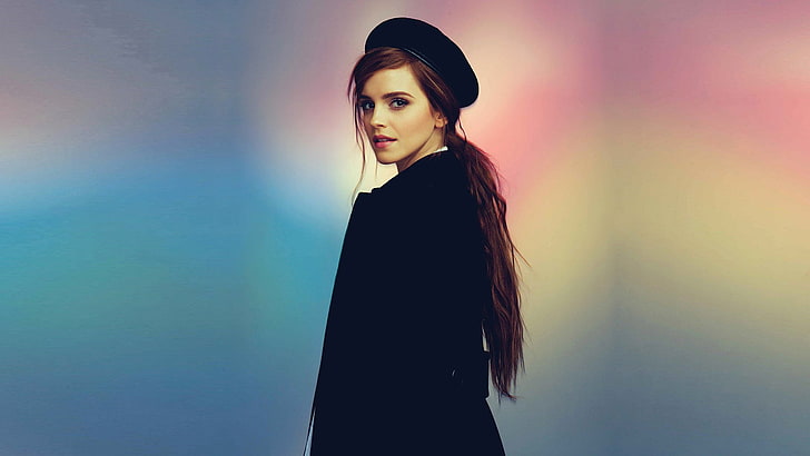 Emma Watson, Emma Watson, actress, women, hat, colorful, long hair, brunette, looking back, looking at viewer, face, black coat, coats, looking over shoulder, ponytail, HD wallpaper