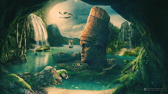 Wasserfälle digitale Tapete, Maya (Zivilisation), Segelschiff, Vögel, Höhle, Desktopografie, HD-Hintergrundbild HD wallpaper