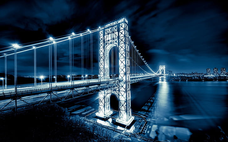 George Washington Köprüsü, New Jersey, Manhattan, Hudson Nehri, New York, ABD, gece ışıkları, George, Washington, Köprüsü, Yeni, Jersey, Manhattan, Hudson, Nehir, York, Şehir, ABD, Gece, Işıkları, HD masaüstü duvar kağıdı
