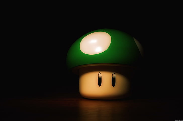 Jamur Mario bross, jamur hijau dan putih dari dekorasi meja mario, mario, jamur, game, Wallpaper HD