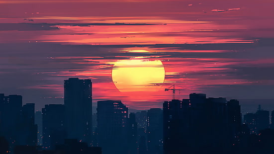 silueta del paisaje de la ciudad, fotografía de silueta del horizonte de la ciudad durante la puesta de sol, obras de arte, Aenami, arte digital, puesta de sol, amanecer, ciudad, nubes, paisaje urbano, Fondo de pantalla HD HD wallpaper