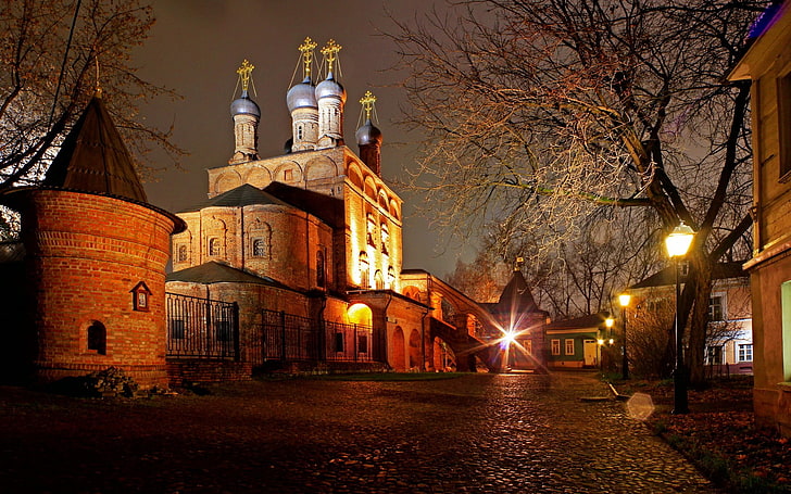 arbre nu, Moscou, nuit, église, éclairage public, urbain, architecture, Fond d'écran HD