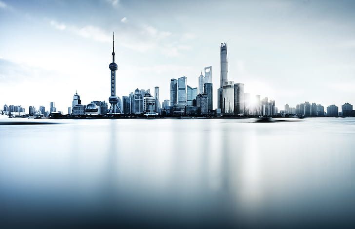 river, China, Shanghai, Oriental Pearl Tower, Shanghai Tower, Shanghai World Financial Center, the Huangpu river, HD wallpaper