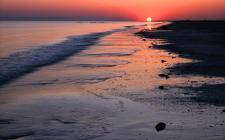 เนื้อน้ำทะเล briny น้ำแสงแดดพระอาทิตย์ตกชายหาด, วอลล์เปเปอร์ HD