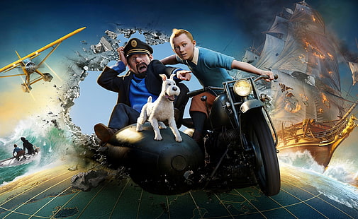 The Adventures of Tintin: The Secret of the ..., The Advertures of Tintin digital wallpaper, Cartoons, Others, Snowy, films, Film, Adventures, Tintin, the adventures of tintin, captain haddock, the secret of the unicorn, Fond d'écran HD HD wallpaper